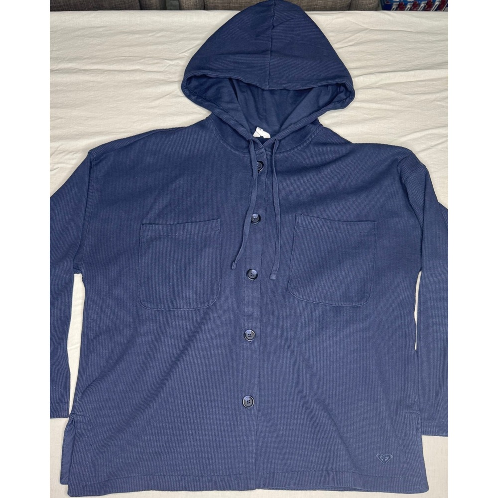 Roxy Womens Navy Blue Waffle Knit Button Down Hoodie Thermal Shirt XL 1897201